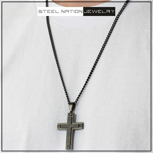 Men's Black Finish Forged Carbon Fiber Cross Pendant 24" Chain in Saudi Arabia