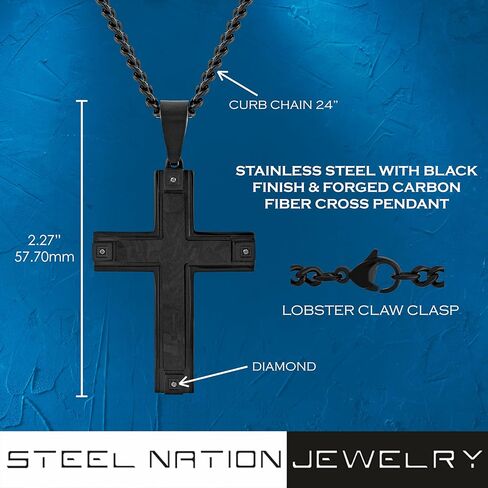 Men's Black Finish Forged Carbon Fiber Cross Pendant 24" Chain in Saudi Arabia