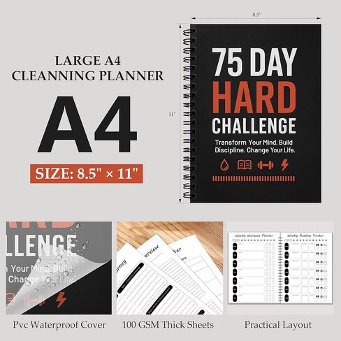 75 Day Hard Challenge Journal for Men or Women with PVC Cover – 75 Hard Challenge Book with Daily, Weekly, Monthly Planner & Wellness Trackers – 75 Challenge Planner Tracker for Fitness, Habits & Self-Care in Kuwait