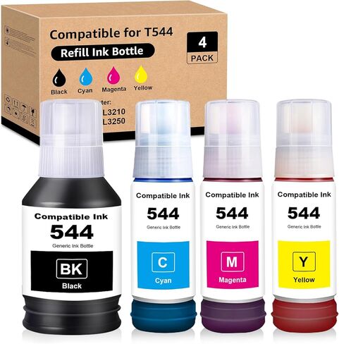 544 زجاجات إعادة تعبئة الحبر 4 عبوات متوافقة مع T544120 T544220 T544320 T544420 بديلة لـ L1210 L1250 L3110 L3150 L3160 L3210 L3250 L3251 L3260 L5290 L5590 (4 عبوات) in Kuwait