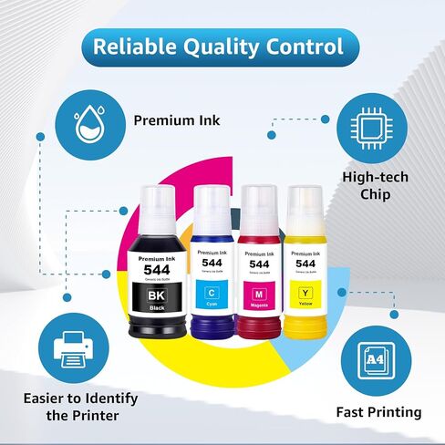 544 زجاجات إعادة تعبئة الحبر 4 عبوات متوافقة مع T544120 T544220 T544320 T544420 بديلة لـ L1210 L1250 L3110 L3150 L3160 L3210 L3250 L3251 L3260 L5290 L5590 (4 عبوات) in Kuwait