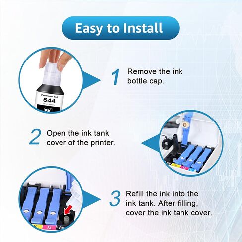 544 زجاجات إعادة تعبئة الحبر 4 عبوات متوافقة مع T544120 T544220 T544320 T544420 بديلة لـ L1210 L1250 L3110 L3150 L3160 L3210 L3250 L3251 L3260 L5290 L5590 (4 عبوات) in Kuwait