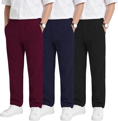3 Pack Boys' School Uniform Pants Corduroy Pull-on Sweatpants Straight Leg Elastic Waist Joggers with Pockets in Saudi Arabia