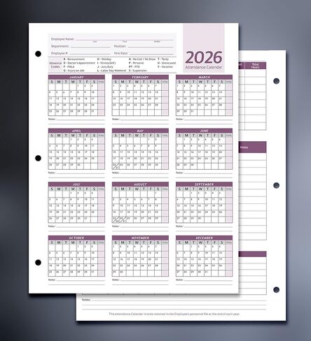 تقويم الحضور، بطاقة الموظف، سجل الحضور 2026، ورق بطاقات ثقيل 100 رطل، 8.5 × 11 بوصة (أرجواني، حزمة من 50 ورقة) in Saudi Arabia