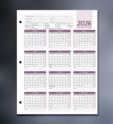 تقويم الحضور، بطاقة الموظف، سجل الحضور 2026، ورق بطاقات ثقيل 100 رطل، 8.5 × 11 بوصة (أرجواني، حزمة من 50 ورقة) in Saudi Arabia