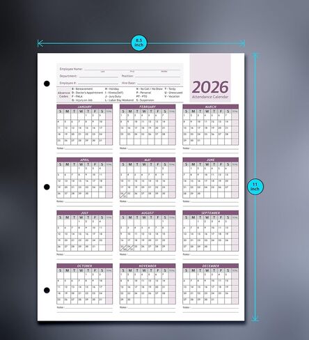 تقويم الحضور، بطاقة الموظف، سجل الحضور 2026، ورق بطاقات ثقيل 100 رطل، 8.5 × 11 بوصة (أرجواني، حزمة من 50 ورقة) in Saudi Arabia