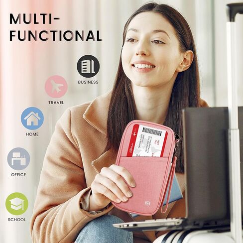 عائلة حامل جواز السفر، منظم وثائق السفر مع RFID، حافظة غطاء جواز السفر المحمولة مع سحاب للبطاقات، بطاقة الصعود إلى الطائرة، الهوية، المال، التذاكر (وردي) in Saudi Arabia
