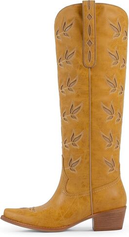 Cowboy Boots for Women Knee High Womens Cowgirl Boots Pointed Toe Chunky Heel Leaf-patterned Embroidered Western Boot with Side Zipper in Kuwait