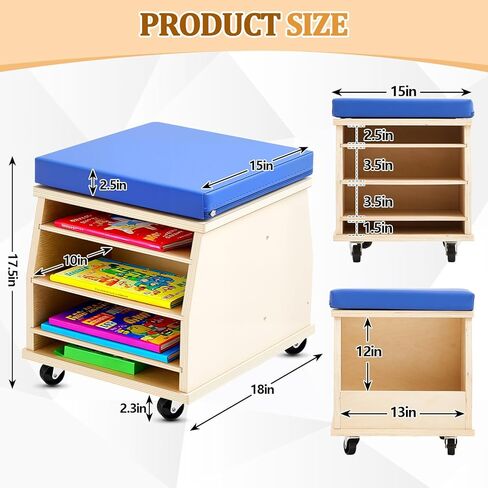 Geelin Mobile Teacher Stool with Storage Tools Natural Birch Wood Teacher Chair with Comfortable Foam Seat and 4 Locking Casters for School Supplies Books Daycare Preschool Classroom in Saudi Arabia