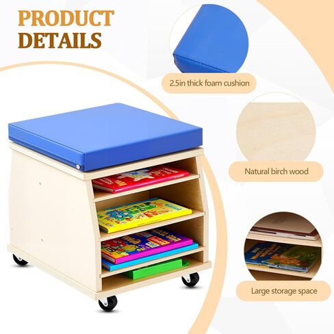 Geelin Mobile Teacher Stool with Storage Tools Natural Birch Wood Teacher Chair with Comfortable Foam Seat and 4 Locking Casters for School Supplies Books Daycare Preschool Classroom in Saudi Arabia