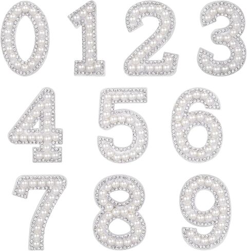 EXCEART 10pcs 0-9 Number Patches Pearl Rhinestone Number Iron On Appliques Embroidery Patches White in Kuwait