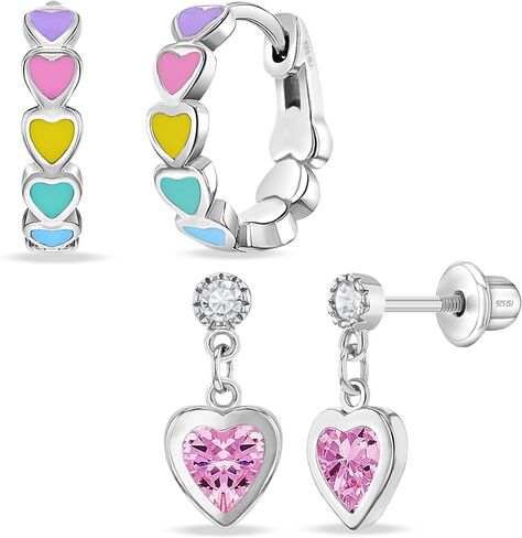 In Season Jewelry Heart Enamel Huggie Girls Hoop Earrings for Kids – 925 Sterling Silver Dangle Heart Kids Earrings – Hypoallergenic with Secure Latch Closure – Safe for Toddlers & Little Girls in Saudi Arabia