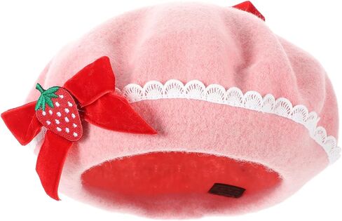 Garneck Women Strawberry Bow Beret Hats Pink Woolen French Beanies Cute and Warm Strawberry Costume Beret for Girls Christmas Holiday Fashion Outfits Accessory in Saudi Arabia