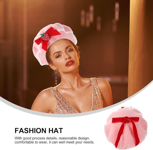 Garneck Women Strawberry Bow Beret Hats Pink Woolen French Beanies Cute and Warm Strawberry Costume Beret for Girls Christmas Holiday Fashion Outfits Accessory in Saudi Arabia