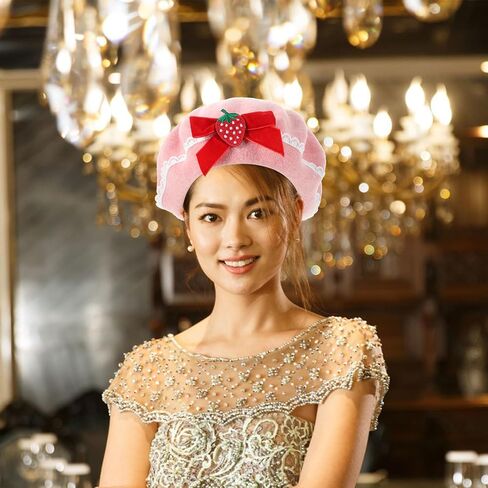 Garneck Women Strawberry Bow Beret Hats Pink Woolen French Beanies Cute and Warm Strawberry Costume Beret for Girls Christmas Holiday Fashion Outfits Accessory in Saudi Arabia