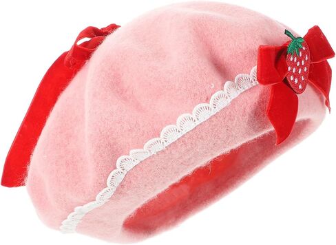Garneck Women Strawberry Bow Beret Hats Pink Woolen French Beanies Cute and Warm Strawberry Costume Beret for Girls Christmas Holiday Fashion Outfits Accessory in Saudi Arabia