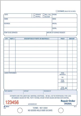 Adams Repair Order Book, 3-Part Carbonless, White/White/White, 5-9/16 x 8-7/16 Inches, 50 Sets (T5084) in Saudi Arabia
