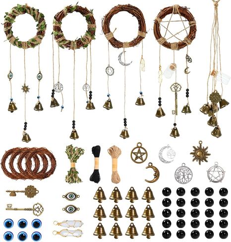 SANDOO 64pcs أجراس الساحرة والعين الشريرة للحماية DIY عدة - لوازم السحر، أجراس الساحرات لمقبض الباب، مجموعة Windchimes، شماعات باب العين الشريرة للمنزل غرفة نوم حديقة ديكور الهالوين، هدايا الساحرة in Saudi Arabia