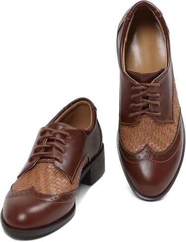 Oxford Shoes for Women Lace Up Pointed Toe Wingtip Brogue Shoes Low Heel Formal Dressy Casual Slip On Shoes for Women in Kuwait