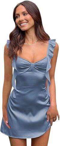 فساتين الساتان لحفلات العودة للوطن - فستان كوكتيل قصير بأشرطة سباغيتي مكشكشة للمراهقين in Kuwait