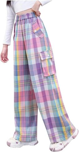 Girls Colorful Plaid Cargo Pants Trendy Y2K Preppy Wide Leg Pants Baggy High Waist Straight Leg Pants Multi Pockets in Kuwait