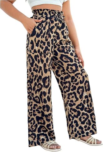 OYOANGLE Girl's Leopard Pants Elastic Waist Tie Front Straight Leg Casual Trousers with Pocket in Kuwait