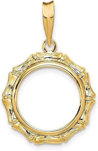 Gold Coin Bezel Pendant Mounting - Coin Size - 14mm 18mm - Textured Bamboo Frame Design - 14K Yellow Gold - Prong Set with Bail in Saudi Arabia