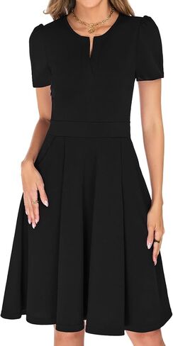Womens Summer Short Sleeve V Neck Knee Length Fit and Flare A Line Vintage Business Casual Work Dresses with Pockets in Saudi Arabia