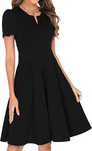 Womens Summer Short Sleeve V Neck Knee Length Fit and Flare A Line Vintage Business Casual Work Dresses with Pockets in Saudi Arabia