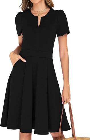 Womens Summer Short Sleeve V Neck Knee Length Fit and Flare A Line Vintage Business Casual Work Dresses with Pockets in Saudi Arabia