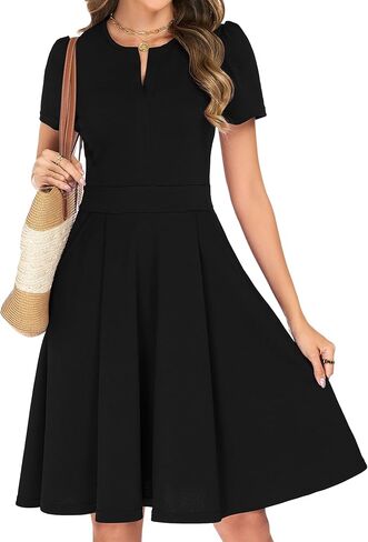 Womens Summer Short Sleeve V Neck Knee Length Fit and Flare A Line Vintage Business Casual Work Dresses with Pockets in Saudi Arabia