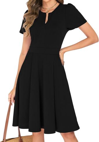 Womens Summer Short Sleeve V Neck Knee Length Fit and Flare A Line Vintage Business Casual Work Dresses with Pockets in Saudi Arabia