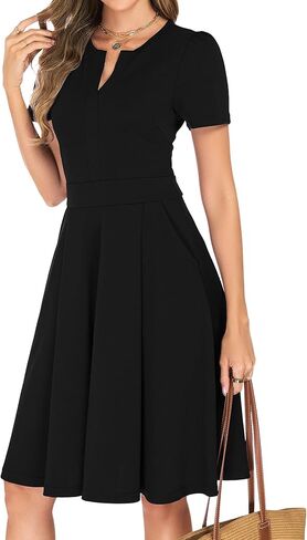 Womens Summer Short Sleeve V Neck Knee Length Fit and Flare A Line Vintage Business Casual Work Dresses with Pockets in Saudi Arabia