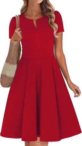Womens Summer Short Sleeve V Neck Knee Length Fit and Flare A Line Vintage Business Casual Work Dresses with Pockets in Saudi Arabia