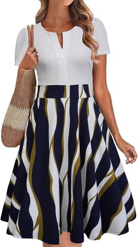 Womens Summer Short Sleeve V Neck Knee Length Fit and Flare A Line Vintage Business Casual Work Dresses with Pockets in Saudi Arabia