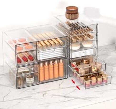 Makeup Drawer Storage Organizer with 24 Drawers, 4 Set Acrylic Office Desk Organization and Storage, Dustproof Drawer Organizer for Makeup, Office, Countertop, Jewelry, Pen, Desktop, Bathroom, Bedroom in Saudi Arabia