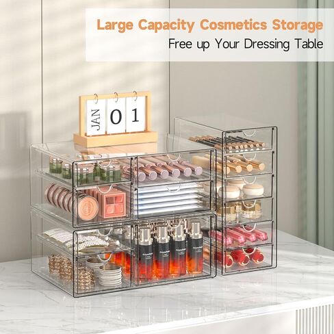Makeup Drawer Storage Organizer with 24 Drawers, 4 Set Acrylic Office Desk Organization and Storage, Dustproof Drawer Organizer for Makeup, Office, Countertop, Jewelry, Pen, Desktop, Bathroom, Bedroom in Saudi Arabia