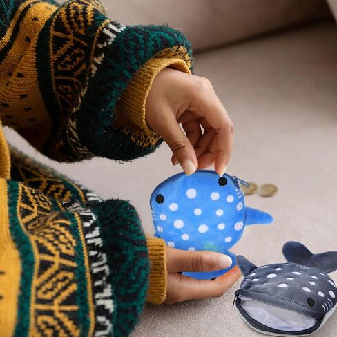 Ciieeo Shark Coin Purse Small Plush Zipper Wallet for Boys Soft Blue and Gray Coin Pouch Cute Cartoon Money Organizer with Keychain for Travel in Saudi Arabia