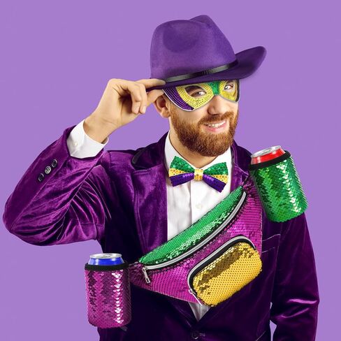 مجموعة أزياء NOVWANG Mardi Gras للرجال، ملحقات ملابس Mardi Gras حزمة فاني الترتر، قناع، حمالات، ربطة عنق و3 قلادات (أرجواني، أخضر، ذهبي) in Kuwait