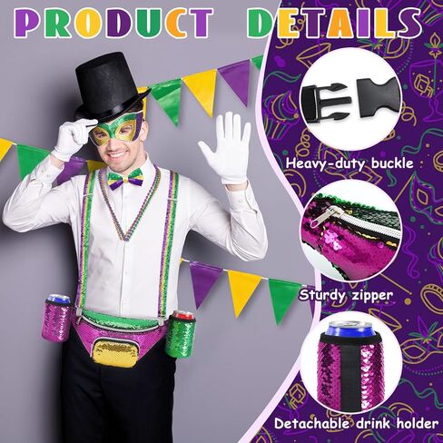 مجموعة أزياء NOVWANG Mardi Gras للرجال، ملحقات ملابس Mardi Gras حزمة فاني الترتر، قناع، حمالات، ربطة عنق و3 قلادات (أرجواني، أخضر، ذهبي) in Kuwait