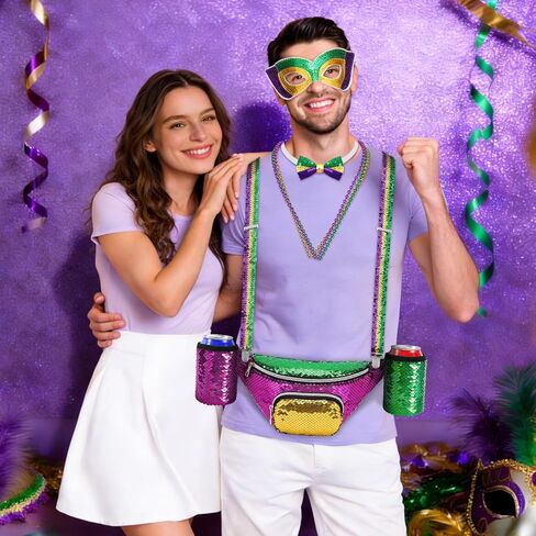 مجموعة أزياء NOVWANG Mardi Gras للرجال، ملحقات ملابس Mardi Gras حزمة فاني الترتر، قناع، حمالات، ربطة عنق و3 قلادات (أرجواني، أخضر، ذهبي) in Kuwait