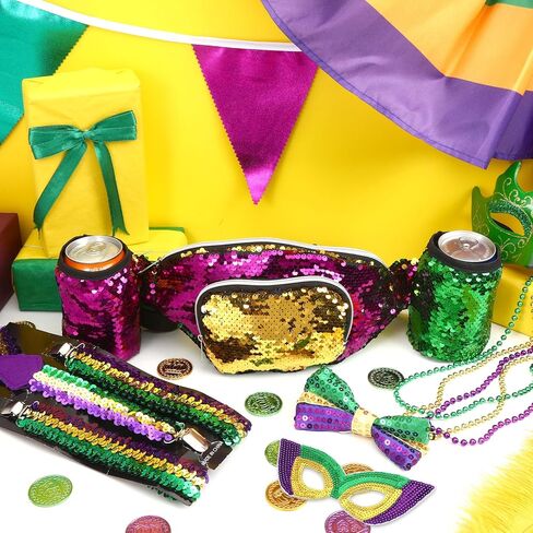 مجموعة أزياء NOVWANG Mardi Gras للرجال، ملحقات ملابس Mardi Gras حزمة فاني الترتر، قناع، حمالات، ربطة عنق و3 قلادات (أرجواني، أخضر، ذهبي) in Kuwait