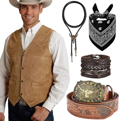 RIOSO Cowboy Outfit for Men Western Suede Leather Vest Belt Necktie Set Men's Cowboy Costume Accessories (without Hat) in Kuwait