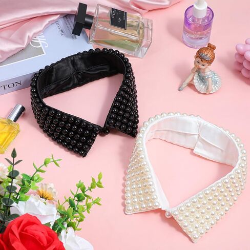 2 Pieces Pearl Collar Necklace for Women Detachable Fake Collar Simulated Pearl Beaded Bib Dickey Collars White Black in Kuwait