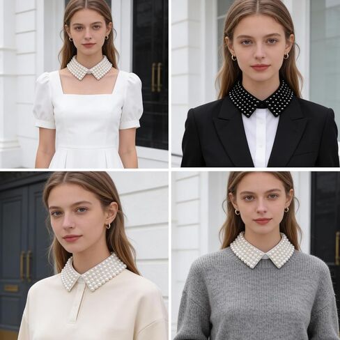 2 Pieces Pearl Collar Necklace for Women Detachable Fake Collar Simulated Pearl Beaded Bib Dickey Collars White Black in Kuwait