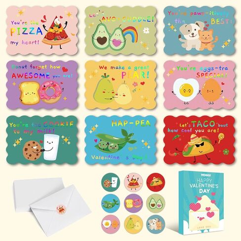 36 Pack Valentines Day Cards for Kids School, Gold Foil 4.7x3.2in Cute Classroom Cards with Envelopes & Stickers, 9 Fun Designs for School Exchange, Perfect for Kids, Friends, and Valentine’s Day Parties in Saudi Arabia