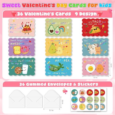 36 Pack Valentines Day Cards for Kids School, Gold Foil 4.7x3.2in Cute Classroom Cards with Envelopes & Stickers, 9 Fun Designs for School Exchange, Perfect for Kids, Friends, and Valentine’s Day Parties in Saudi Arabia