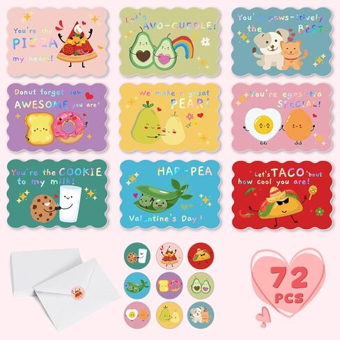 36 Pack Valentines Day Cards for Kids School, Gold Foil 4.7x3.2in Cute Classroom Cards with Envelopes & Stickers, 9 Fun Designs for School Exchange, Perfect for Kids, Friends, and Valentine’s Day Parties in Saudi Arabia