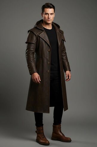 Men’s Real Leather Hooded Trench Coat | Long Gothic Steampunk Duster Jacket for Halloween Costume & Cosplay in Saudi Arabia