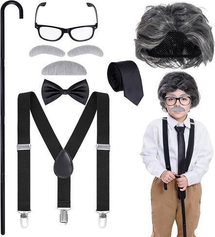 8PCS Old Man Costume Wig 100 Days Costume Grandpa Accessories Set with Gray Wig, Eyebrows, Mustache, Glasses, Bow Tie, Necktie, Suspender, Cane for Halloween Cosplay in Saudi Arabia